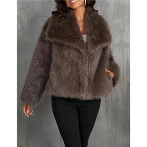 Women's Faux Fur Coat Long Sleeve Fluffy Jacket Brown